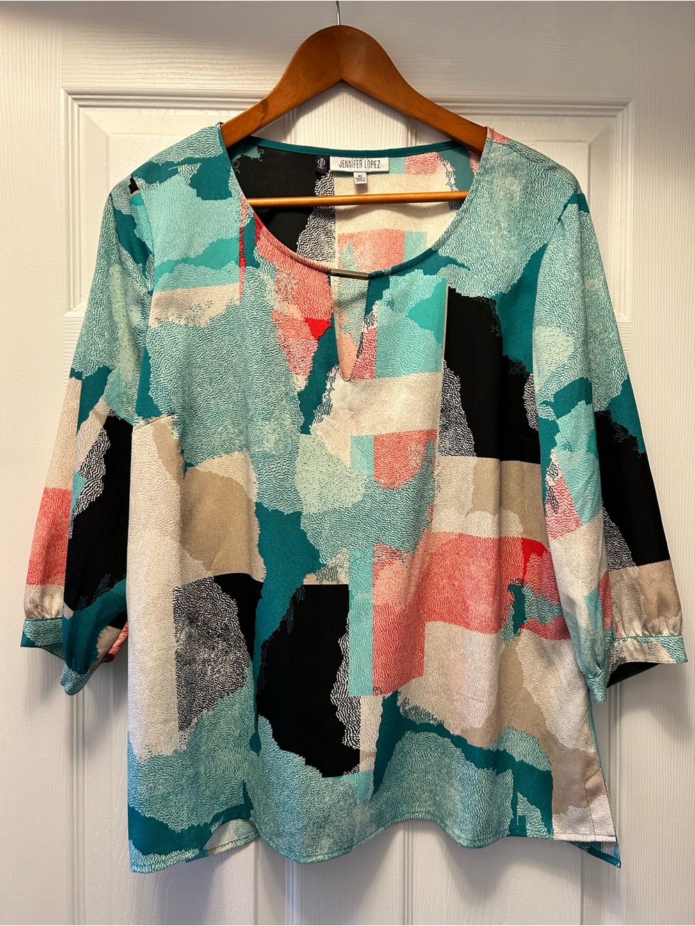 Jennifer Lopez Teal Abstract Print Long Sleeve Blouse